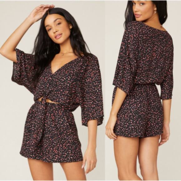 BB Dakota Party Game Black Printed Tie Front Romper - Picture 1 of 6